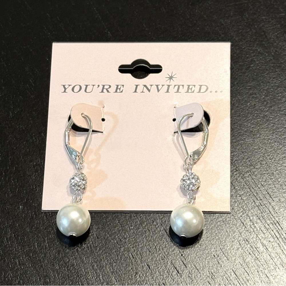 You're‎ Invited Silver-Tone Lever back Simulated Pearl Double Drop Earrings
